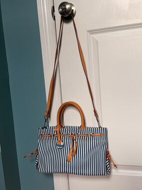 Striped Navy & White Canvas Tote with Tan Leather Trim